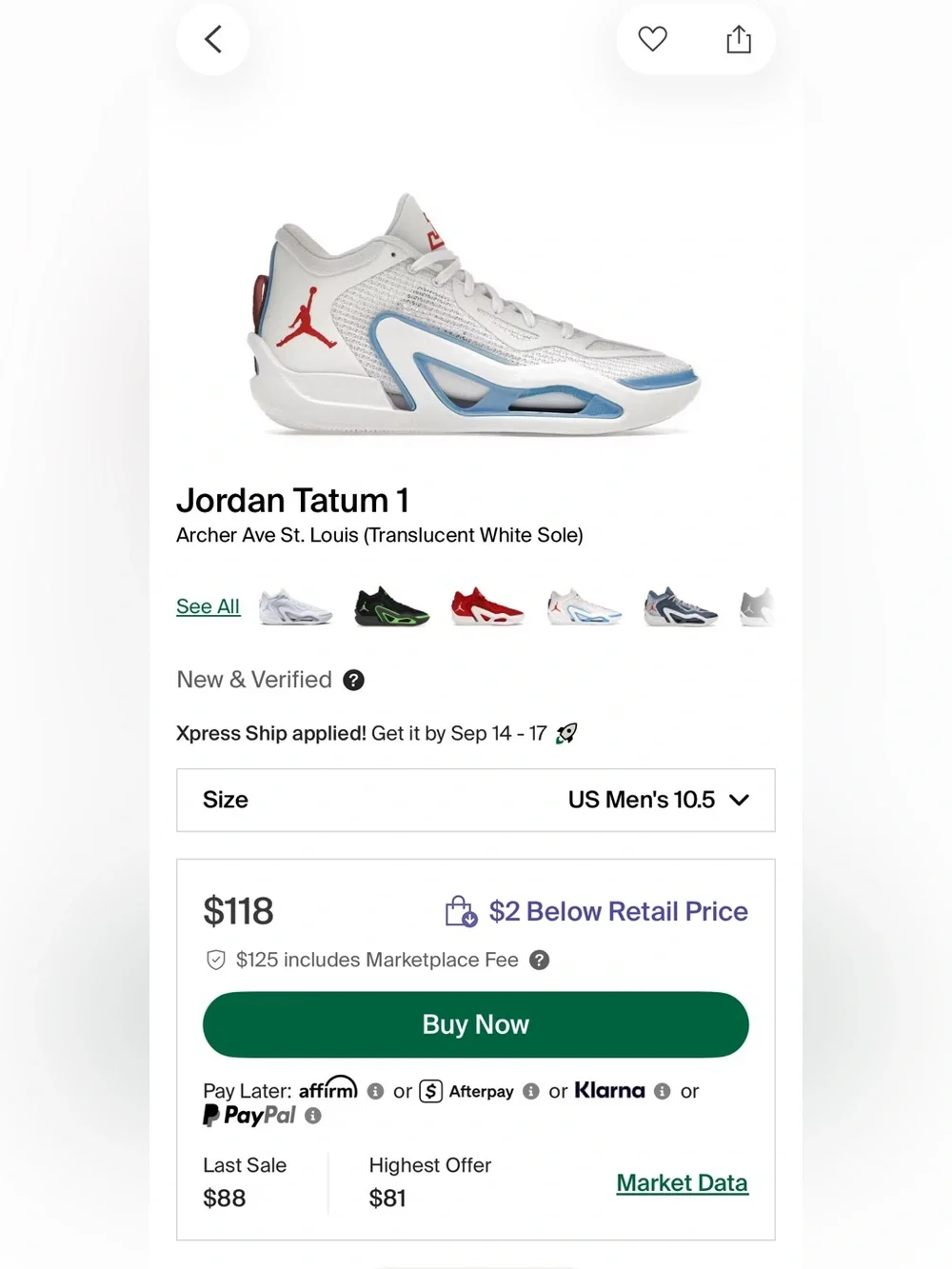 Jordan Tatum 1 - Size 10.5